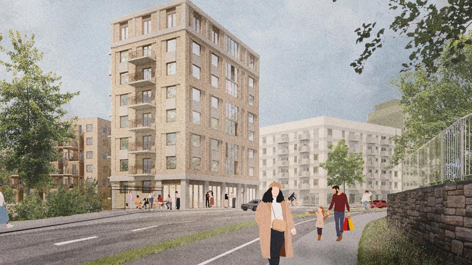 Flerbostadshus vid  Magelungsvägen med kvarter C och B i bakgrunden. Människor som promenerar på trottoar.  Till vänster i bild en stenmur och ett staket.  Illustration